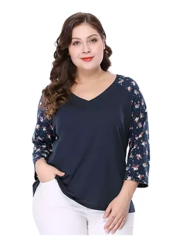Agnes Orinda Women's Plus Size Tops Casual V Neck 3/4 Sleeve Floral Raglan Top Blouse Mothers Day Gifts -Agnes Orinda Store Belk 1534
