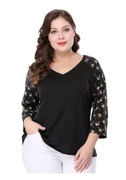 Agnes Orinda Women's Plus Size Tops Casual V Neck 3/4 Sleeve Floral Raglan Top Blouse Mothers Day Gifts -Agnes Orinda Store Belk 1535
