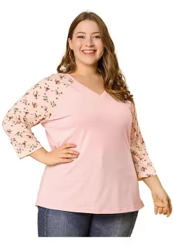 Agnes Orinda Women's Plus Size Tops Casual V Neck 3/4 Sleeve Floral Raglan Top Blouse Mothers Day Gifts -Agnes Orinda Store Belk 1538