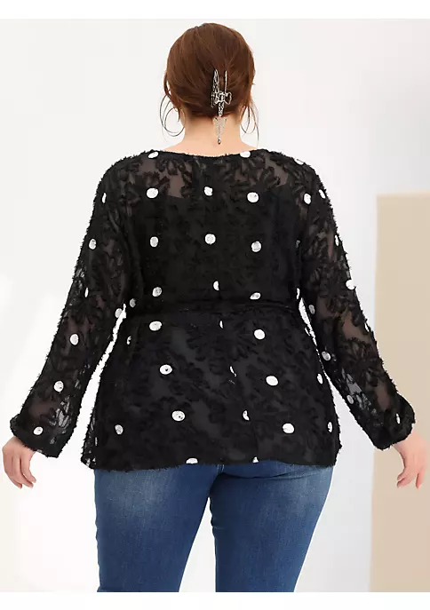 Agnes Orinda Plus Size for Women Belted Waisted Blouse, Polka Dots Lace Long Sleeve Tops 6 Agnes Orinda Plus Size for Women Belted Waisted Blouse, Polka Dots Lace Long Sleeve Tops - Image 4