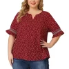 Agnes Orinda Women's Plus Size Pin Dots Smocked Ruffle Short Sleeve V Neck Blouses -Agnes Orinda Store Belk 1540