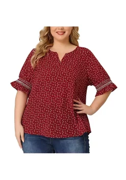 Agnes Orinda Women's Plus Size Pin Dots Smocked Ruffle Short Sleeve V Neck Blouses