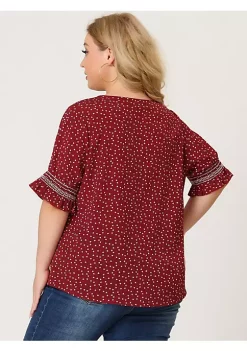 Agnes Orinda Women's Plus Size Pin Dots Smocked Ruffle Short Sleeve V Neck Blouses -Agnes Orinda Store Belk 1544