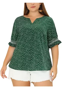 Agnes Orinda Women's Plus Size Pin Dots Smocked Ruffle Short Sleeve V Neck Blouses -Agnes Orinda Store Belk 1545