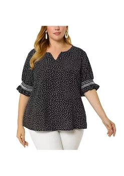 Agnes Orinda Women's Plus Size Pin Dots Smocked Ruffle Short Sleeve V Neck Blouses -Agnes Orinda Store Belk 1547