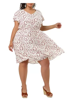 Agnes Orinda Plus Size Dress for Women Flared Sleeve V Neck Floral Print Ruffle Peplum Midi Dresses
