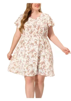 Agnes Orinda Plus Size Dress for Women Flared Sleeve V Neck Floral Print Ruffle Peplum Midi Dresses -Agnes Orinda Store Belk 1555