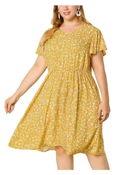 Agnes Orinda Plus Size Dress for Women Flared Sleeve V Neck Floral Print Ruffle Peplum Midi Dresses -Agnes Orinda Store Belk 1559