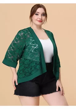 Agnes Orinda Women's Plus Size 3/4 Sleeve Sheer Lace Open Front High Low Hem Cardigan -Agnes Orinda Store Belk 1562