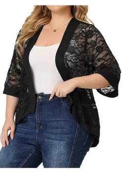Agnes Orinda Women's Plus Size 3/4 Sleeve Sheer Lace Open Front High Low Hem Cardigan -Agnes Orinda Store Belk 1566