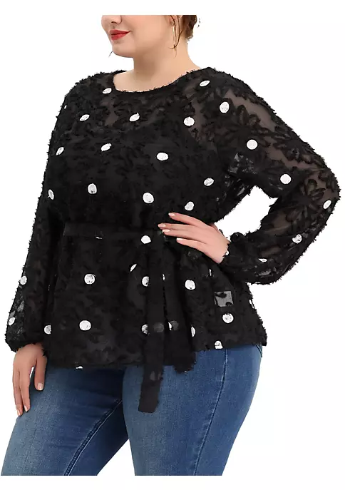 Agnes Orinda Plus Size for Women Belted Waisted Blouse, Polka Dots Lace Long Sleeve Tops 9 Agnes Orinda Plus Size for Women Belted Waisted Blouse, Polka Dots Lace Long Sleeve Tops - Image 7
