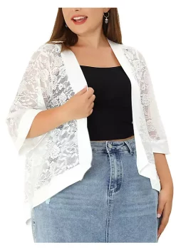 Agnes Orinda Women's Plus Size 3/4 Sleeve Sheer Lace Open Front High Low Hem Cardigan -Agnes Orinda Store Belk 1570