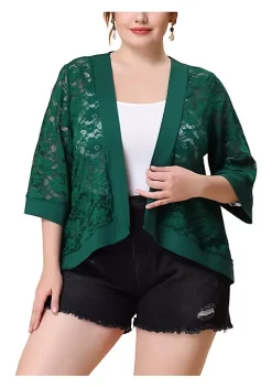Agnes Orinda Women's Plus Size 3/4 Sleeve Sheer Lace Open Front High Low Hem Cardigan -Agnes Orinda Store Belk 1571