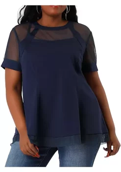 Agnes Orinda Plus Size for Women Peplum Top, See-Through Round Neck Swing Mesh Casual Shirts
