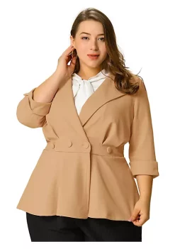 Agnes Orinda Women's Plus Size Blazers Ruffle V Neck Button Ruched Casual Peplum Blazer