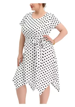 Agnes Orinda Women's Plus Size Spring Polka Dots Short Sleeve Tie Waist Flare Dress -Agnes Orinda Store Belk 1596
