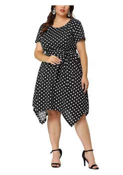 Agnes Orinda Women's Plus Size Spring Polka Dots Short Sleeve Tie Waist Flare Dress -Agnes Orinda Store Belk 1600