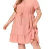 Agnes Orinda Women's Plus Size Spring Drawstring Tie Waist Ruffle Midi Shirtdress -Agnes Orinda Store Belk 1618