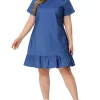 Agnes Orinda Women's Plus Size Denim Ruffle Hem Criss Cross Short Sleeve Dress -Agnes Orinda Store Belk 1633