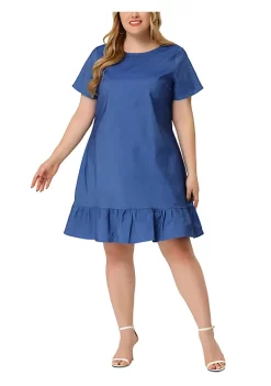 Agnes Orinda Women's Plus Size Denim Ruffle Hem Criss Cross Short Sleeve Dress