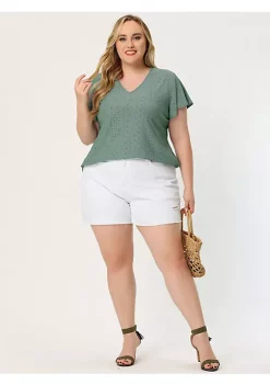 Agnes Orinda Women's Plus Size V Neck Hollow Flare Short Sleeve T-Shirts Knit Summer Tops -Agnes Orinda Store Belk 1658