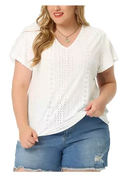 Agnes Orinda Women's Plus Size V Neck Hollow Flare Short Sleeve T-Shirts Knit Summer Tops -Agnes Orinda Store Belk 1662