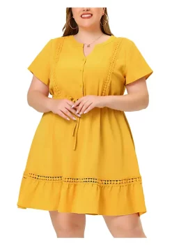 Agnes Orinda Women's Plus Size V Neck Short Sleeve Tie Waist Ruffle Hem Dresses