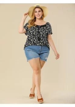 Agnes Orinda Women's Plus Size Tassel Tie Neck Retro Floral Short Top -Agnes Orinda Store Belk 1688