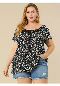 Agnes Orinda Women's Plus Size Tassel Tie Neck Retro Floral Short Top -Agnes Orinda Store Belk 1689
