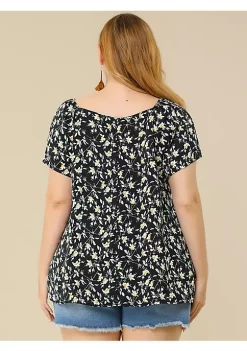 Agnes Orinda Women's Plus Size Tassel Tie Neck Retro Floral Short Top -Agnes Orinda Store Belk 1690