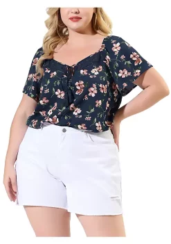 Agnes Orinda Women's Plus Size Tassel Tie Neck Retro Floral Short Top -Agnes Orinda Store Belk 1691