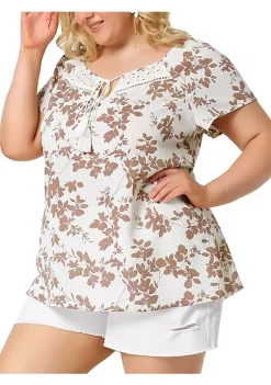 Agnes Orinda Women's Plus Size Tassel Tie Neck Retro Floral Short Top -Agnes Orinda Store Belk 1692