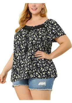 Agnes Orinda Women's Plus Size Tassel Tie Neck Retro Floral Short Top -Agnes Orinda Store Belk 1693