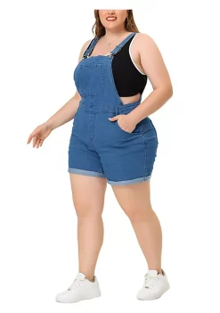 Agnes Orinda Plus Size Overall Shorts for Women Jumpsuit Roll Hem Pocket Jean Denim Overalls