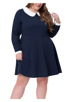 Agnes Orinda Women's Plus Size Spring Peter Pan Collar Knit Midi Dress