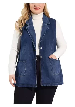 Agnes Orinda Plus Size Denim Vests for Women Sleeveless Lapel Casual Chambray Jackets Vest