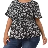 Agnes Orinda Women's Plus Size Short Sleeve Tie Waist Chiffon Ditsy Floral Blouse