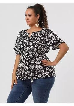 Agnes Orinda Women's Plus Size Short Sleeve Tie Waist Chiffon Ditsy Floral Blouse -Agnes Orinda Store Belk 1745