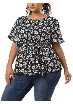 Agnes Orinda Women's Plus Size Short Sleeve Tie Waist Chiffon Ditsy Floral Blouse -Agnes Orinda Store Belk 1748