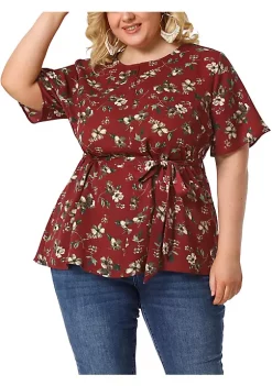 Agnes Orinda Women's Plus Size Short Sleeve Tie Waist Chiffon Ditsy Floral Blouse -Agnes Orinda Store Belk 1749