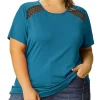 Agnes Orinda Women's Plus Size Round Neck Tops, Short Sleeves Lace Panel Work T-Shirts
