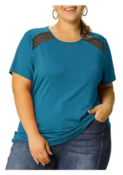 Agnes Orinda Women's Plus Size Round Neck Tops, Short Sleeves Lace Panel Work T-Shirts