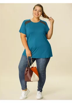 Agnes Orinda Women's Plus Size Round Neck Tops, Short Sleeves Lace Panel Work T-Shirts -Agnes Orinda Store Belk 1804