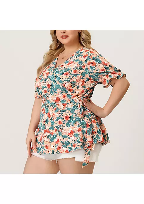 Agnes Orinda Plus Size Blouse for Women Wrap Blouses, Elegant Short Sleeves Floral Tops 4 Agnes Orinda Plus Size Blouse for Women Wrap Blouses, Elegant Short Sleeves Floral Tops - Image 2