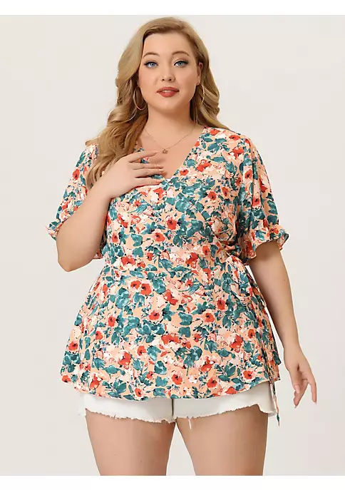 Agnes Orinda Plus Size Blouse for Women Wrap Blouses, Elegant Short Sleeves Floral Tops 6 Agnes Orinda Plus Size Blouse for Women Wrap Blouses, Elegant Short Sleeves Floral Tops - Image 4