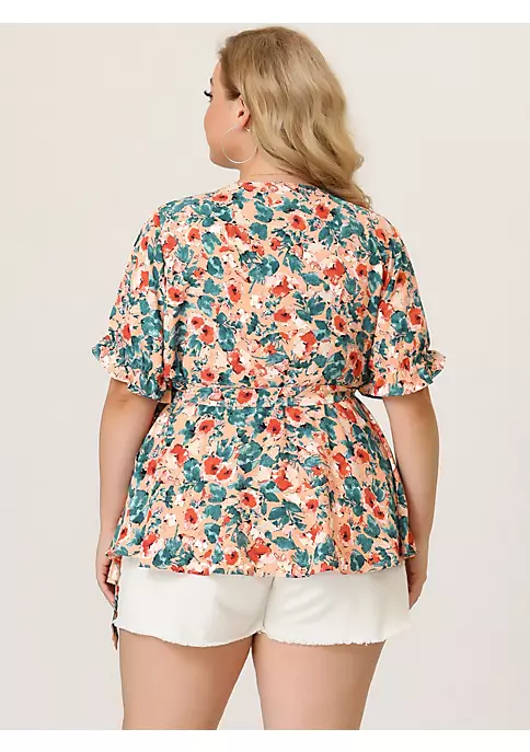 Agnes Orinda Plus Size Blouse for Women Wrap Blouses, Elegant Short Sleeves Floral Tops 7 Agnes Orinda Plus Size Blouse for Women Wrap Blouses, Elegant Short Sleeves Floral Tops - Image 5