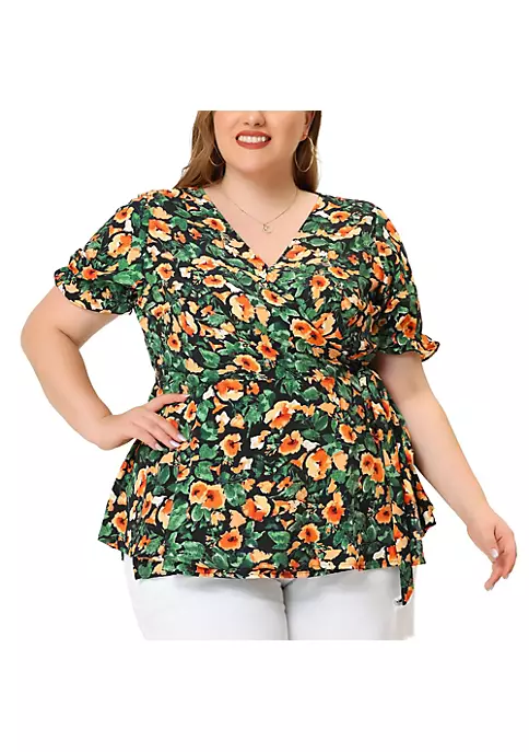 Agnes Orinda Plus Size Blouse for Women Wrap Blouses, Elegant Short Sleeves Floral Tops 8 Agnes Orinda Plus Size Blouse for Women Wrap Blouses, Elegant Short Sleeves Floral Tops - Image 6