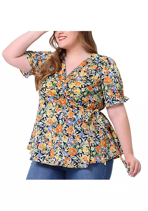 Agnes Orinda Plus Size Blouse for Women Wrap Blouses, Elegant Short Sleeves Floral Tops 9 Agnes Orinda Plus Size Blouse for Women Wrap Blouses, Elegant Short Sleeves Floral Tops - Image 7