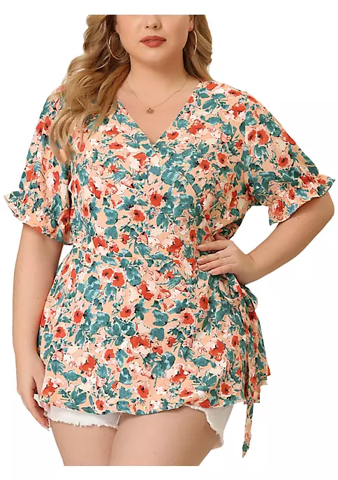 Agnes Orinda Plus Size Blouse for Women Wrap Blouses, Elegant Short Sleeves Floral Tops 10 Agnes Orinda Plus Size Blouse for Women Wrap Blouses, Elegant Short Sleeves Floral Tops - Image 8