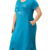 Agnes Orinda Women's Plus Size Nightgown Pajamas Pockets Soft Comfy Cute Cat Sleepwear Nightgowns, Leisure Rayon Sleep Dress Round Neck Slit Pocket Midi Nightdress with Cat Print